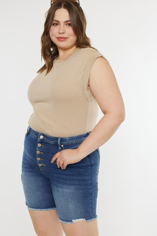 Curvy High Rise Button Down Shorts