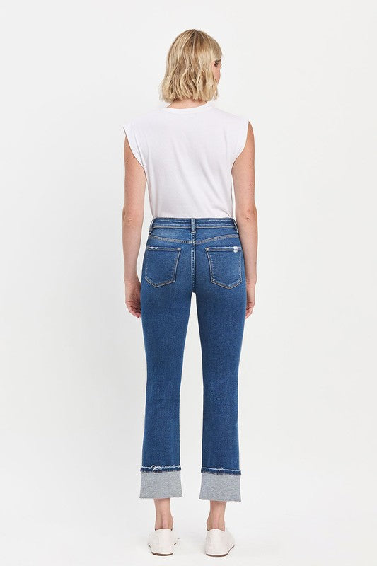 High Rise Cuff Slim Straight Jeans
