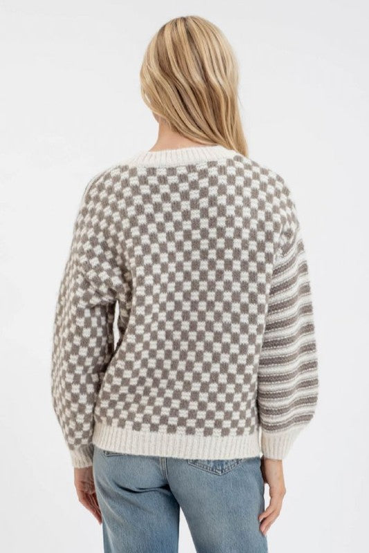 Stripe & Checkered Crewneck Sweater