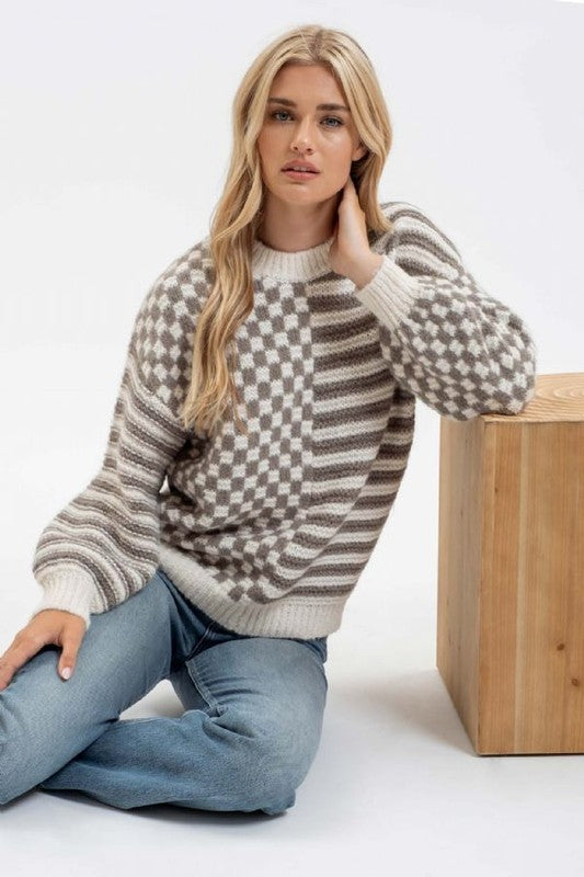 Stripe & Checkered Crewneck Sweater