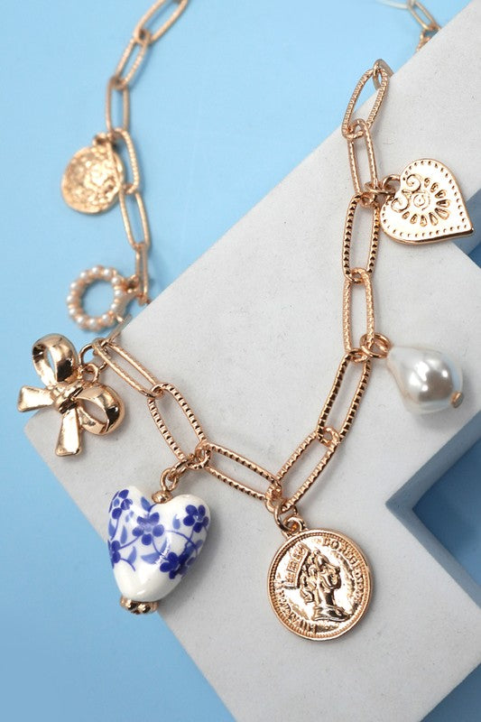 Blue Bow Heart Charm Necklace