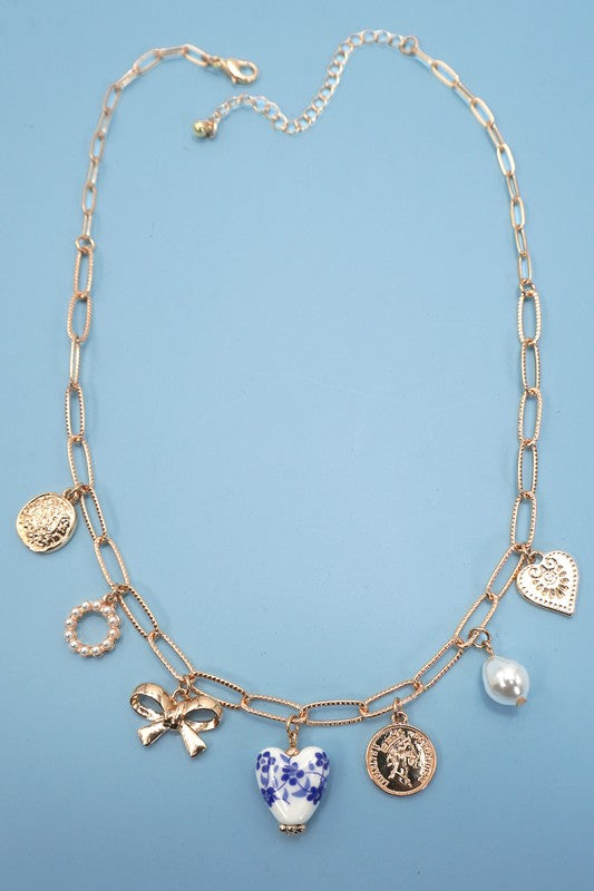 Blue Bow Heart Charm Necklace