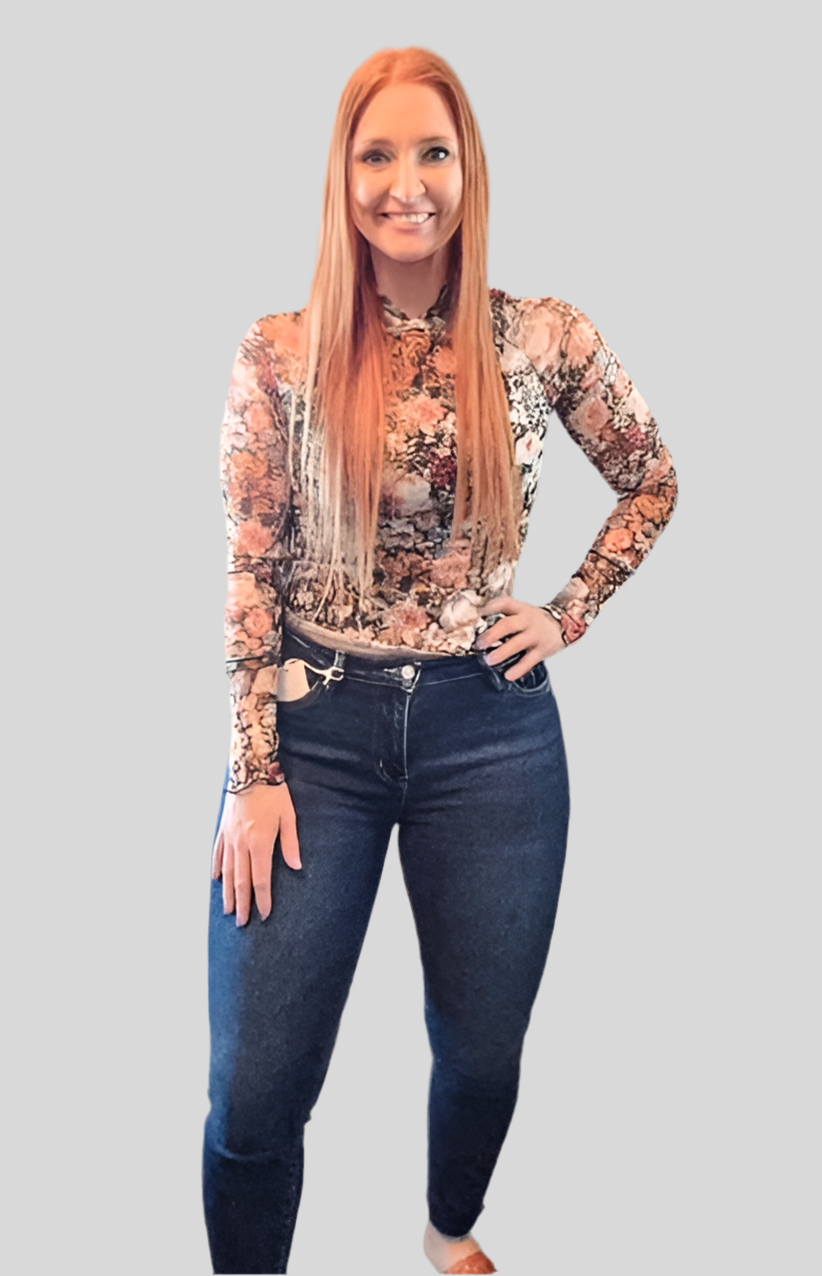 Floral Mesh Long-Sleeve Mock Neck Top