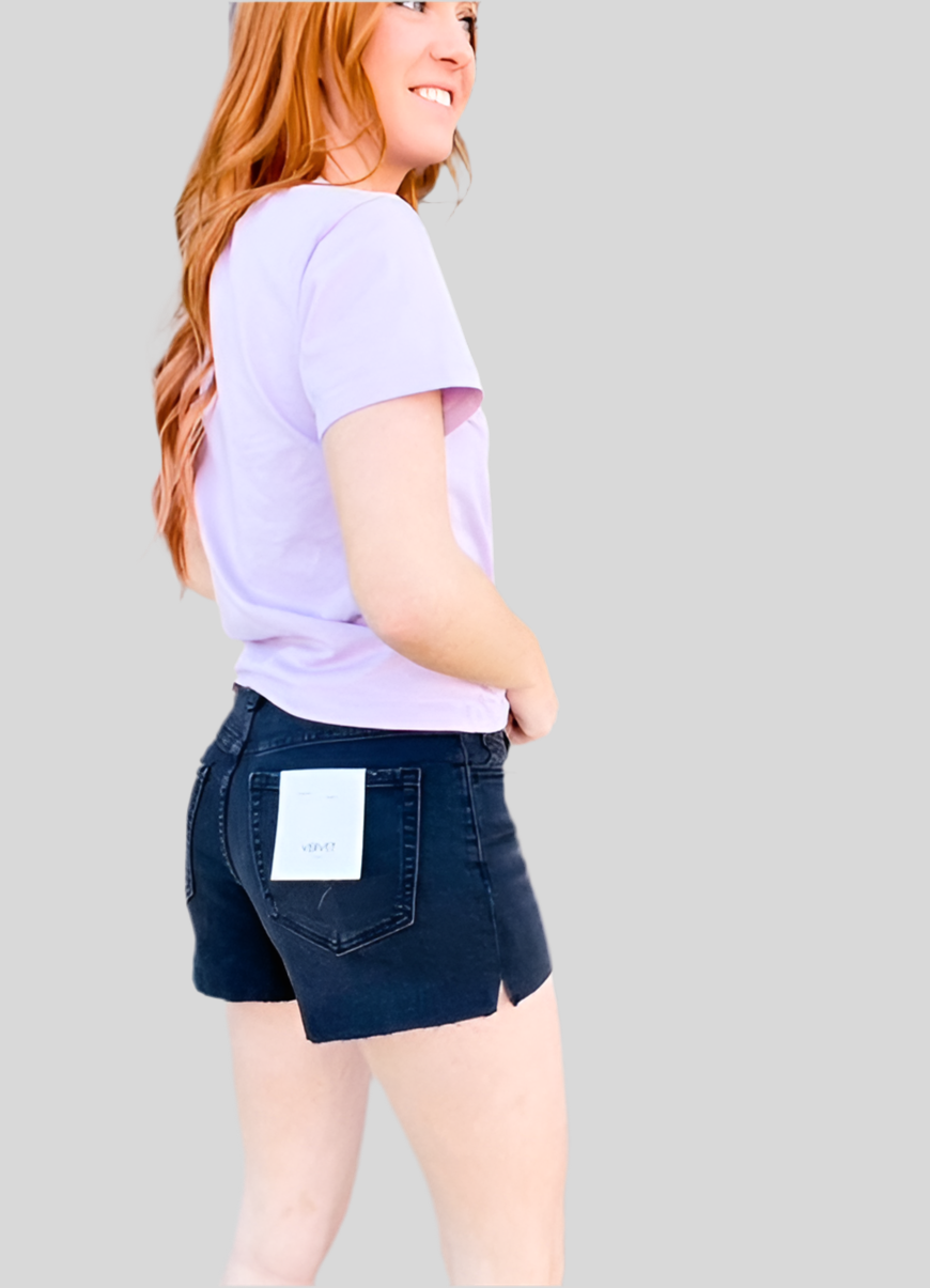 BLACK HIGH RISE SIDE SLIT A LINE SHORTS