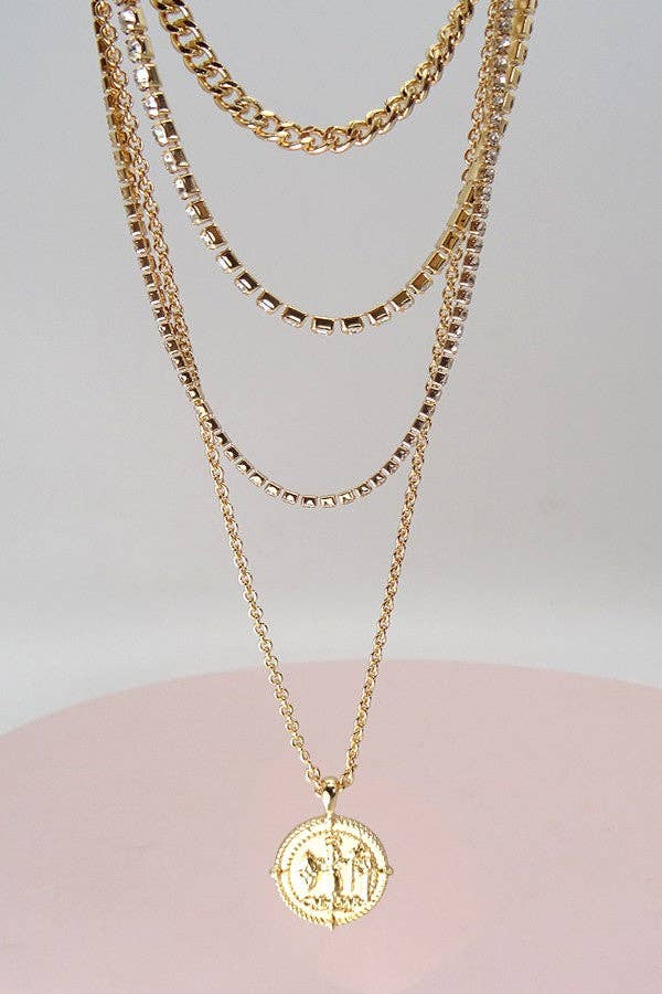 DOUBLE RHINESTONE CHAIN COIN DROP LAYER NECKLACE