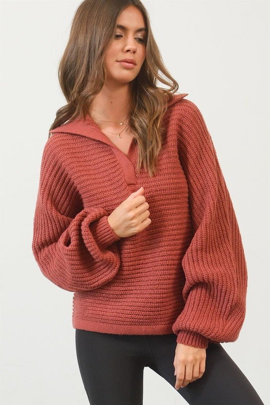 Collard Ribbed Knit Sweater