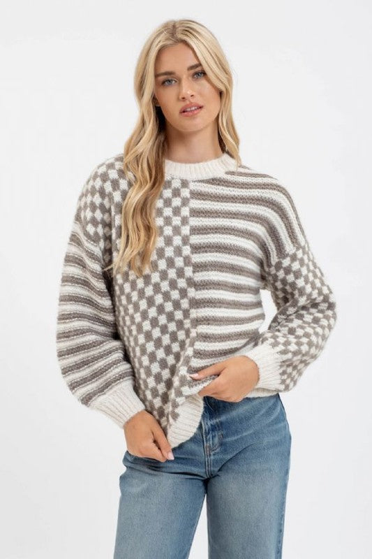 Stripe & Checkered Crewneck Sweater