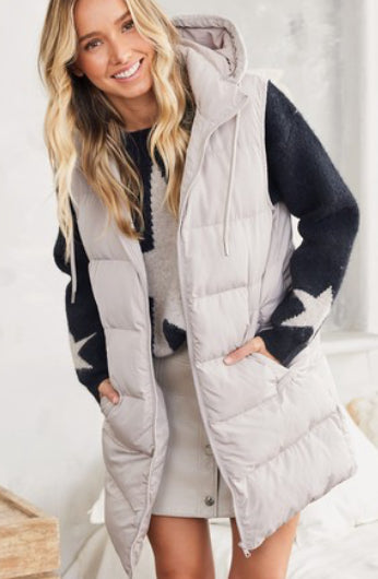 Hooded Zipper Longline Puffer Vest